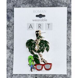 Wearable Art Pendant By Roman 2" Palm Tree Sandals Sunglasses Rhinestones‎ NEW